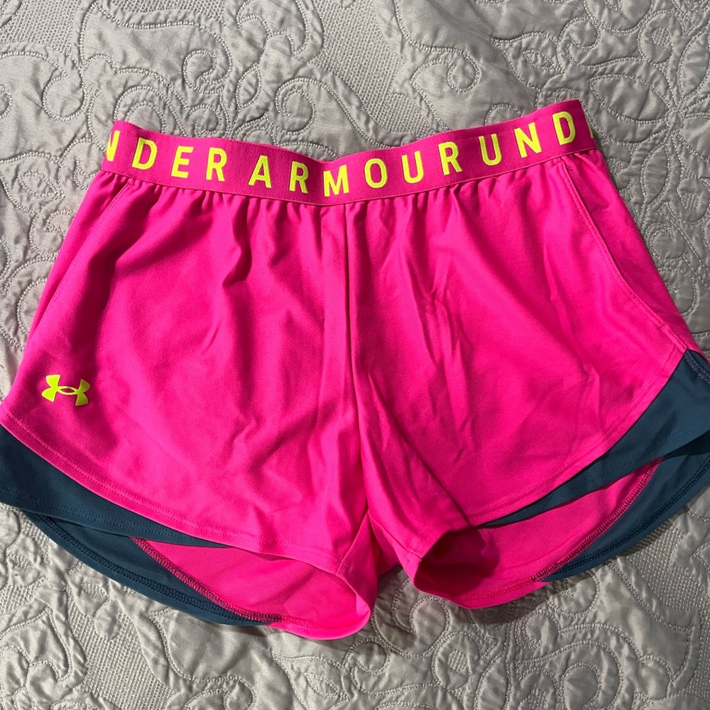 Under Armour Women's Bright Pink Athletic Shorts with Neon Yellow Logo